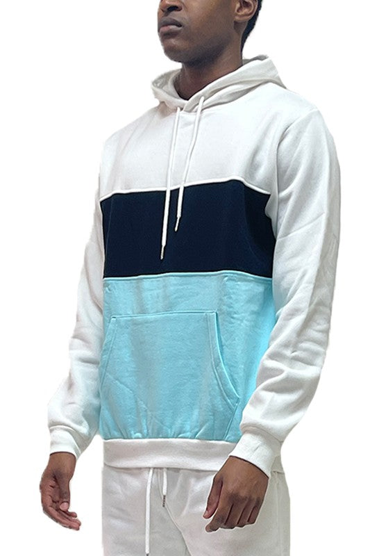 Men's Color Block Pullover Hoodie White Aqua