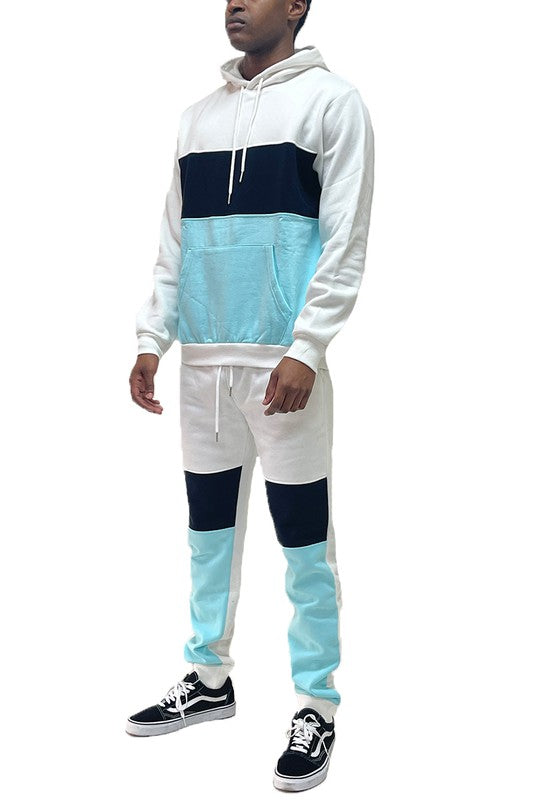 Men's Color Block Sweat Set – Hoodie & Sweatpants White Aqua