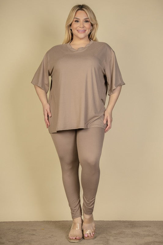 Plus Size Oversized Shirt & Leggings Set – Stretch Jersey Lounge Set Taupe Grey