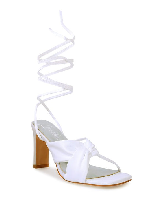CHASM RUCHED SATIN TIE UP BLOCK HEELED SANDALS White