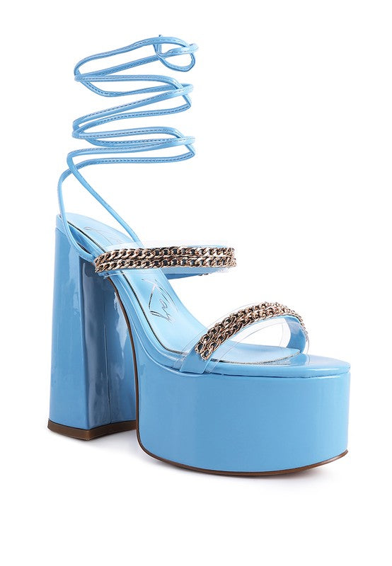 Rag & Co. Indulgence Metal Chain Lace Up Chunky Sandals Blue
