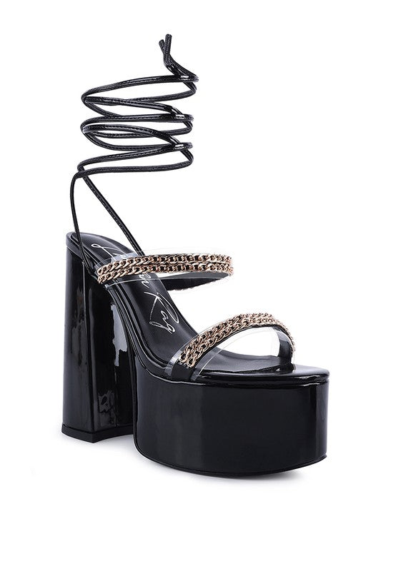 Rag & Co. Indulgence Metal Chain Lace Up Chunky Sandals Black