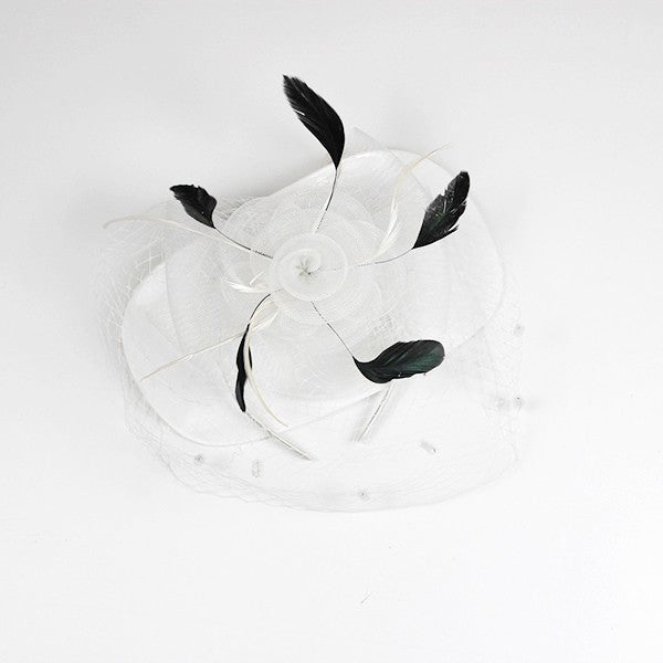 Flower Fascinator Headband with Clip – Rose, Feathers & Mesh Veil