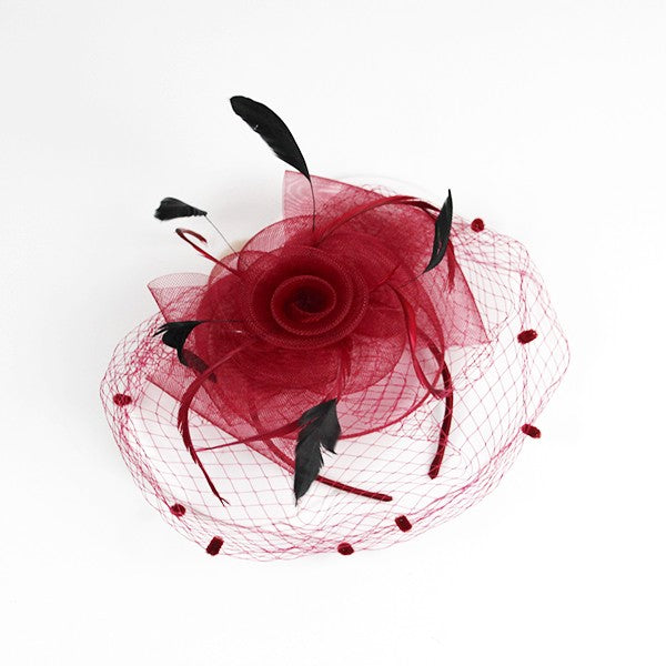 Flower Fascinator Headband with Clip – Rose, Feathers & Mesh Veil