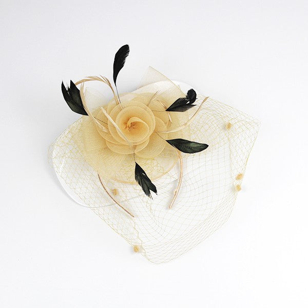 Flower Fascinator Headband with Clip – Rose, Feathers & Mesh Veil