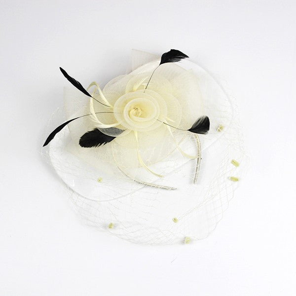Flower Fascinator Headband with Clip – Rose, Feathers & Mesh Veil