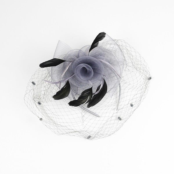Flower Fascinator Headband with Clip – Rose, Feathers & Mesh Veil