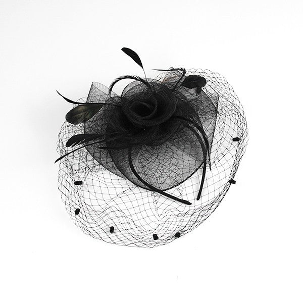 Flower Fascinator Headband with Clip – Rose, Feathers & Mesh Veil BLACK BKBK Os