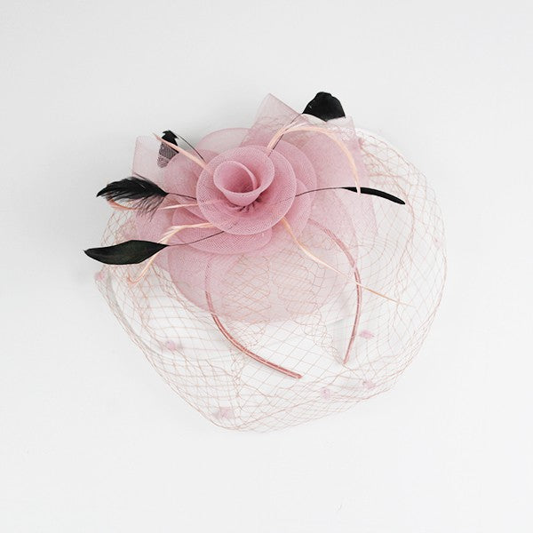Flower Fascinator Headband with Clip – Rose, Feathers & Mesh Veil BLUSH LRLR Os