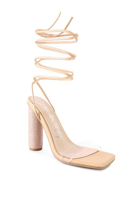 Scansta Lace-Up Diamante High Heel Sandal | Crystal Stud Block Heel Dress Shoe Latte