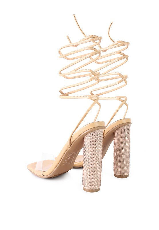 Scansta Lace-Up Diamante High Heel Sandal | Crystal Stud Block Heel Dress Shoe