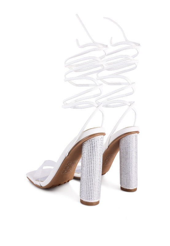 Scansta Lace-Up Diamante High Heel Sandal | Crystal Stud Block Heel Dress Shoe