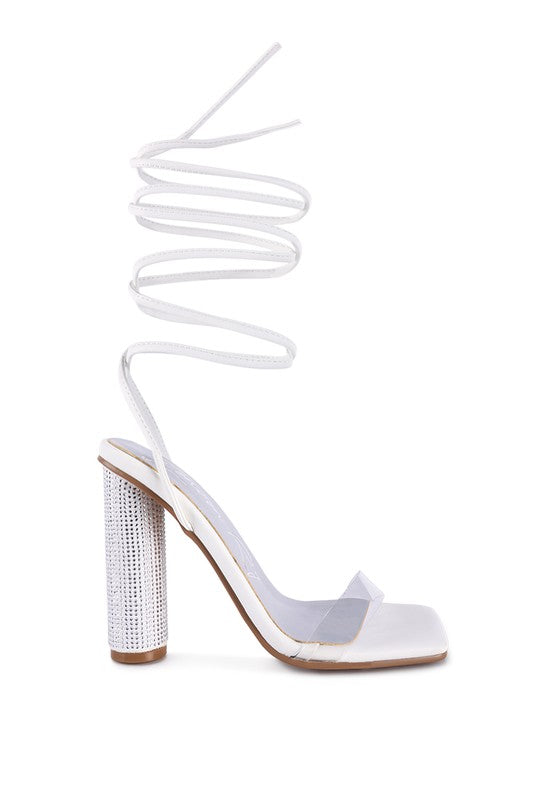Scansta Lace-Up Diamante High Heel Sandal | Crystal Stud Block Heel Dress Shoe
