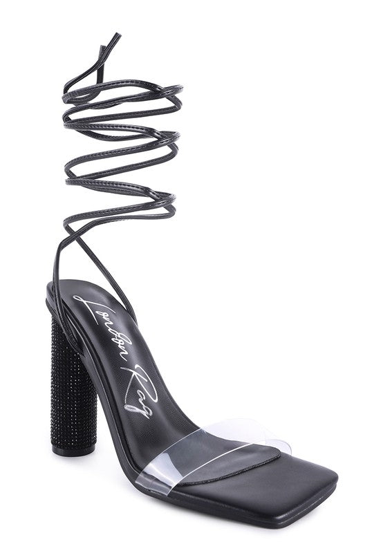 Scansta Lace-Up Diamante High Heel Sandal | Crystal Stud Block Heel Dress Shoe Black