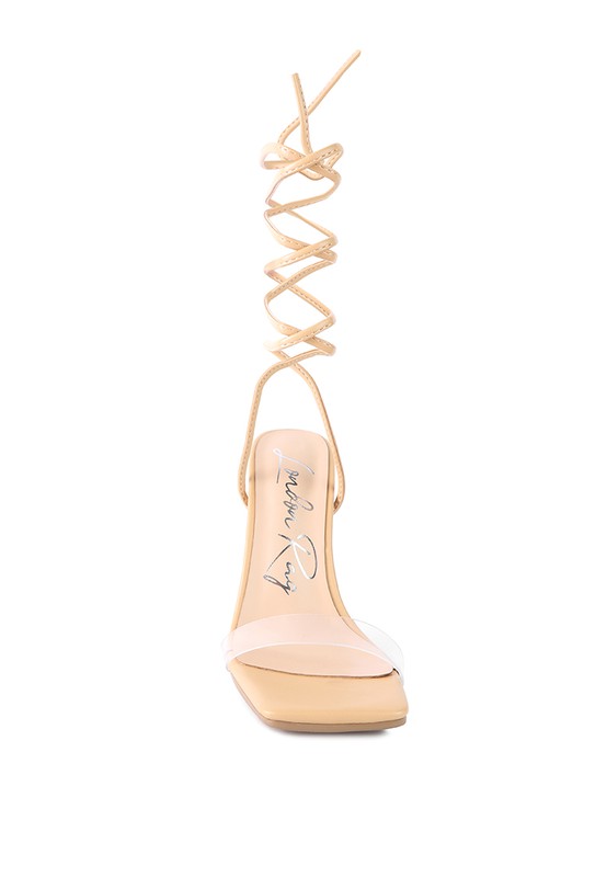 Scansta Lace-Up Diamante High Heel Sandal | Crystal Stud Block Heel Dress Shoe