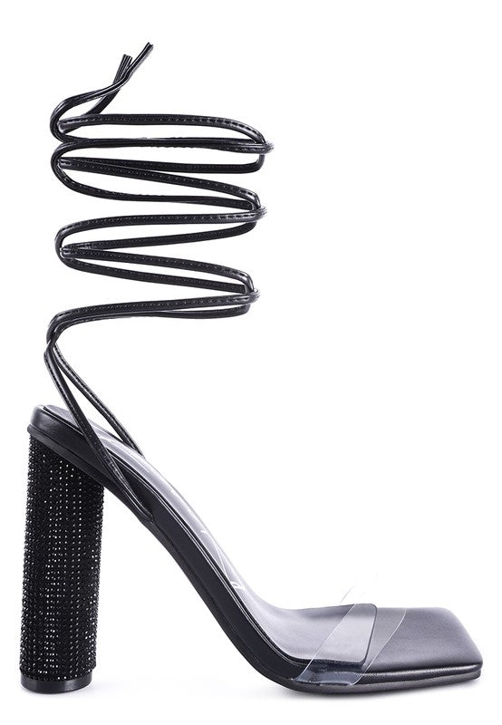 Scansta Lace-Up Diamante High Heel Sandal | Crystal Stud Block Heel Dress Shoe