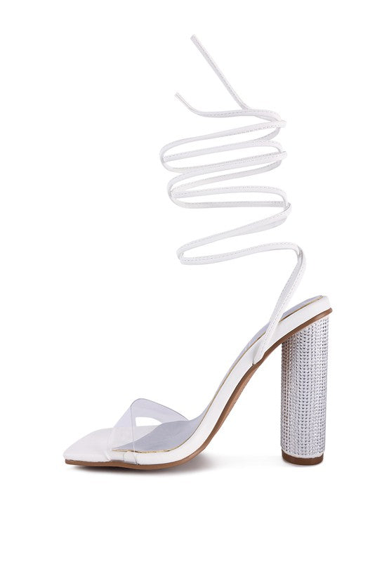 Scansta Lace-Up Diamante High Heel Sandal | Crystal Stud Block Heel Dress Shoe