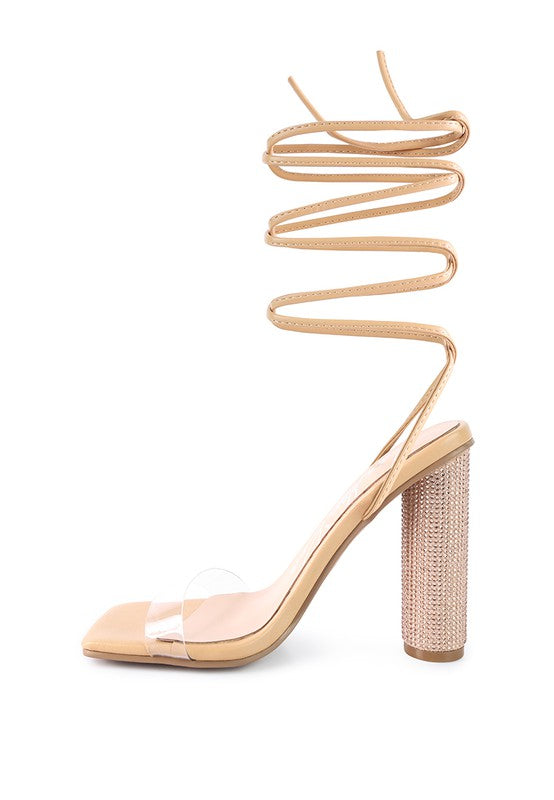 Scansta Lace-Up Diamante High Heel Sandal | Crystal Stud Block Heel Dress Shoe