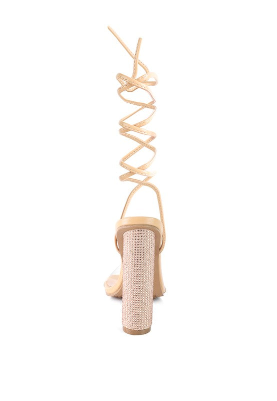 Scansta Lace-Up Diamante High Heel Sandal | Crystal Stud Block Heel Dress Shoe