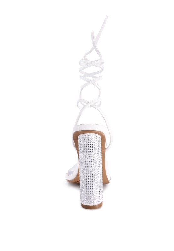 Scansta Lace-Up Diamante High Heel Sandal | Crystal Stud Block Heel Dress Shoe