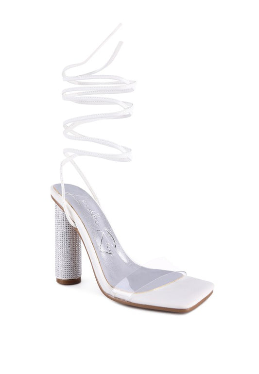 Scansta Lace-Up Diamante High Heel Sandal | Crystal Stud Block Heel Dress Shoe White