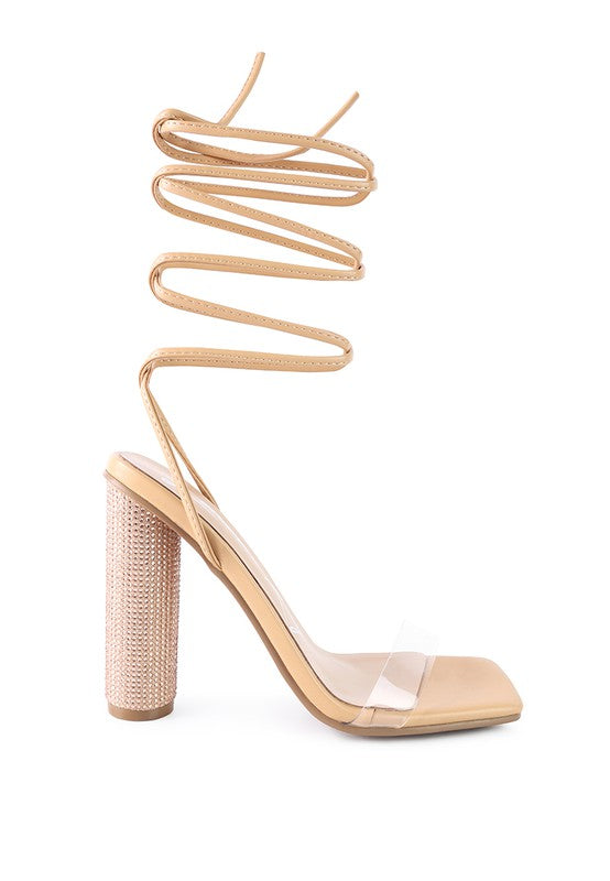 Scansta Lace-Up Diamante High Heel Sandal | Crystal Stud Block Heel Dress Shoe