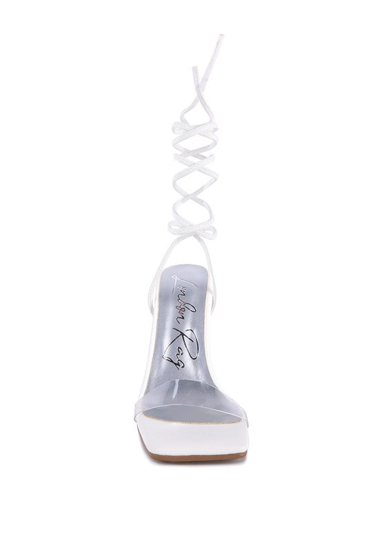 Scansta Lace-Up Diamante High Heel Sandal | Crystal Stud Block Heel Dress Shoe