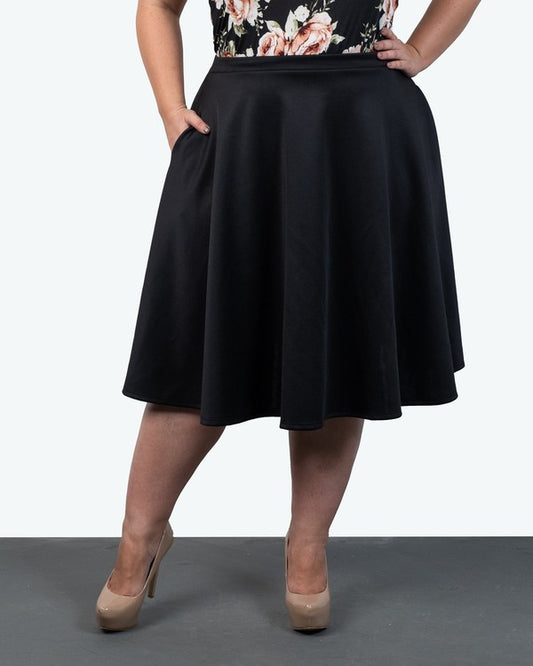 Knee-Length Circle Skirt with Side Seam Pockets Black