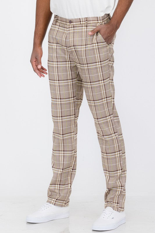 Weiv Men's Plaid Trouser Pants – Slim Fit, Button Fly, Sizes 30–36 BROWN