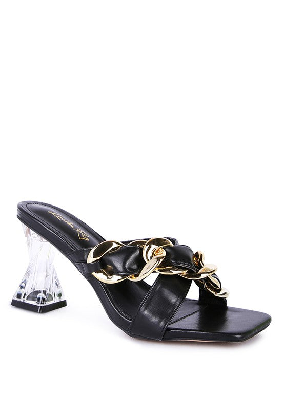 Wandy Clear Twist Heel Sandals | Square Toe Slip-On with Metal Chain Detail Black