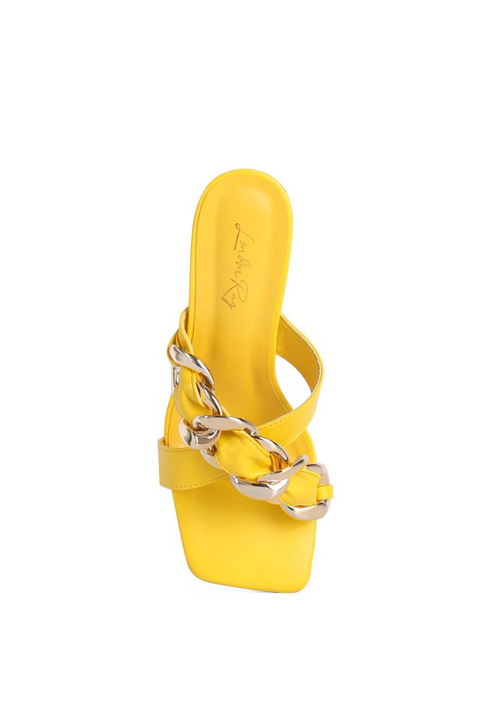 Wandy Clear Twist Heel Sandals | Square Toe Slip-On with Metal Chain Detail
