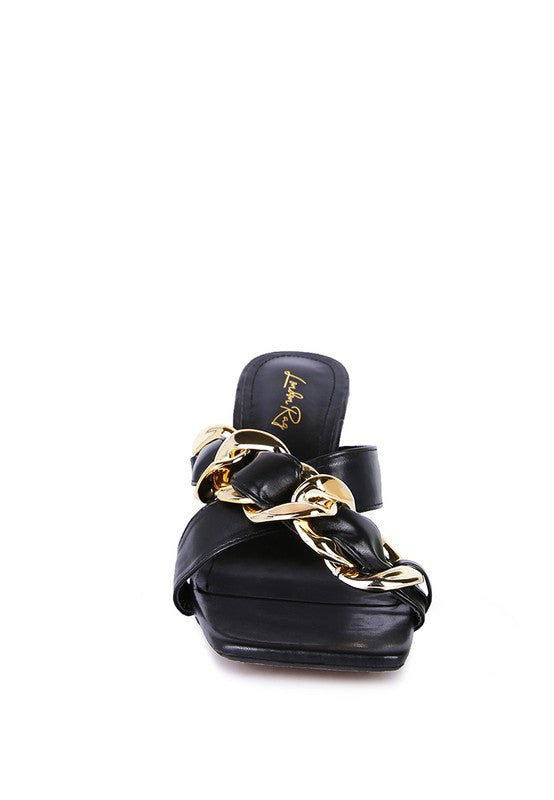 Wandy Clear Twist Heel Sandals | Square Toe Slip-On with Metal Chain Detail