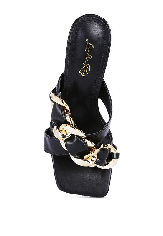Wandy Clear Twist Heel Sandals | Square Toe Slip-On with Metal Chain Detail
