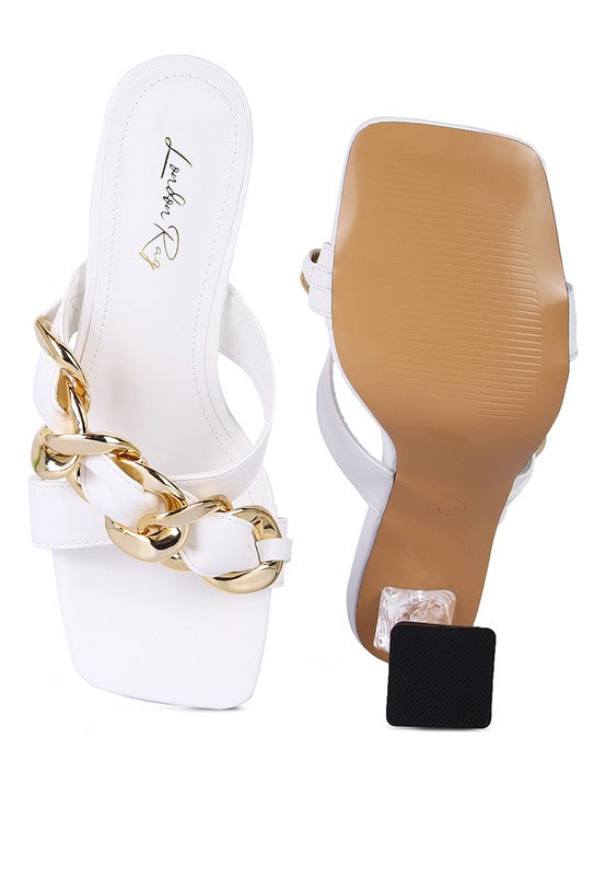 Wandy Clear Twist Heel Sandals | Square Toe Slip-On with Metal Chain Detail