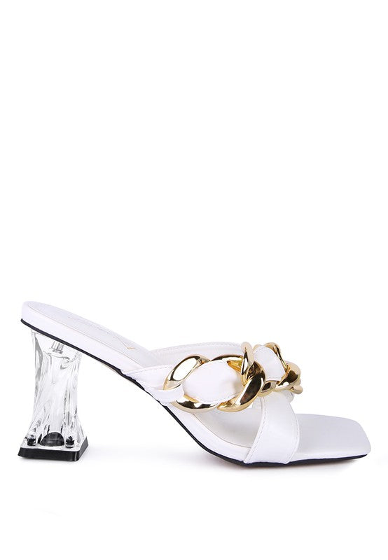 Wandy Clear Twist Heel Sandals | Square Toe Slip-On with Metal Chain Detail