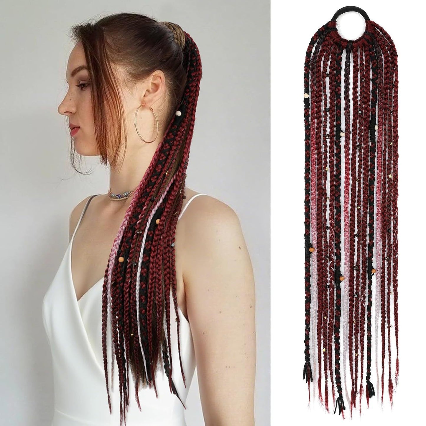 24-Inch Braided Ponytail with Lock Beads Hair Extension – 5 Colors Wine Red