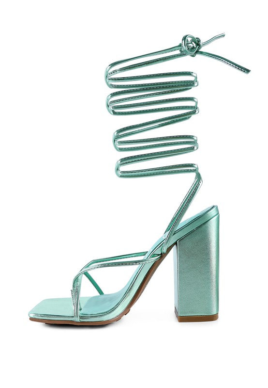 SheWolf Lace-Up High Heel Block Sandals Mint 6.5