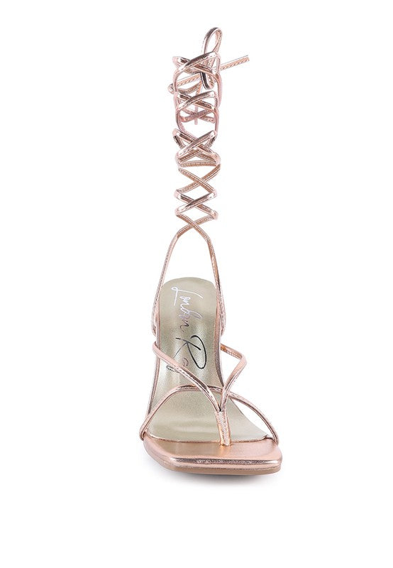 SheWolf Lace-Up High Heel Block Sandals Rose Gold 10