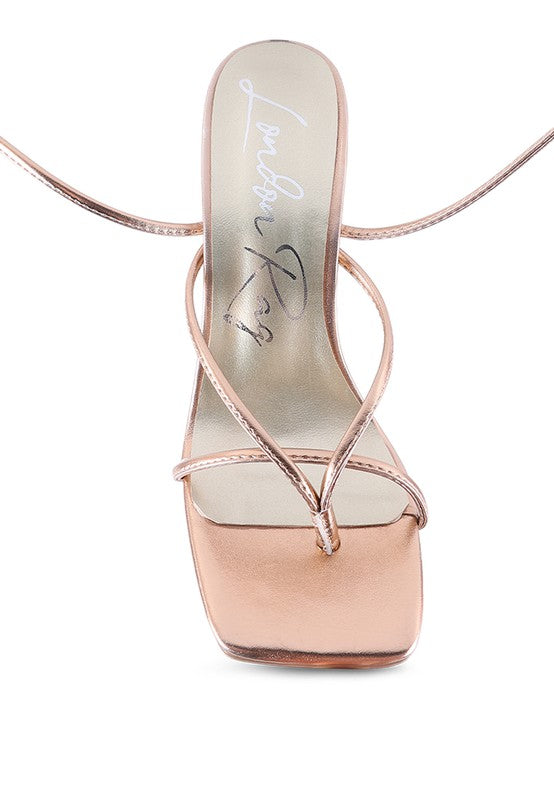 SheWolf Lace-Up High Heel Block Sandals Rose Gold 8