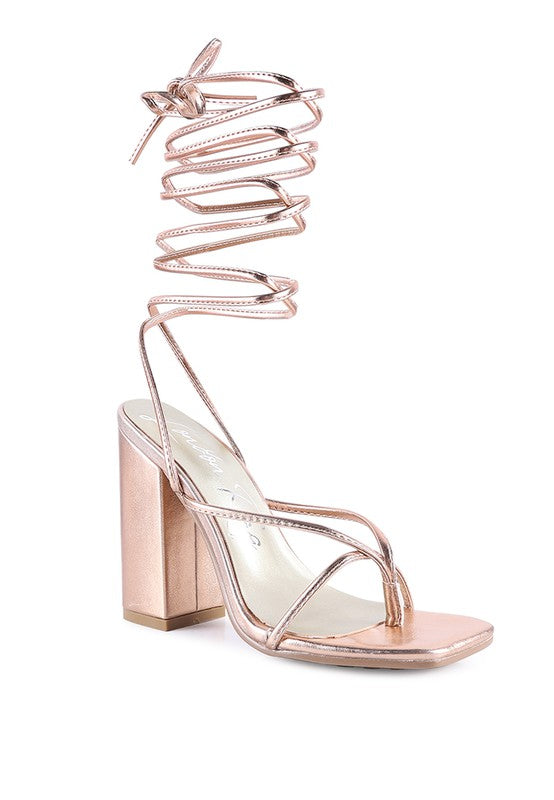 SheWolf Lace-Up High Heel Block Sandals Rose Gold