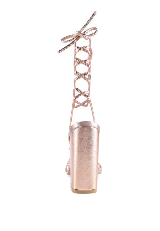 SheWolf Lace-Up High Heel Block Sandals Rose Gold 9