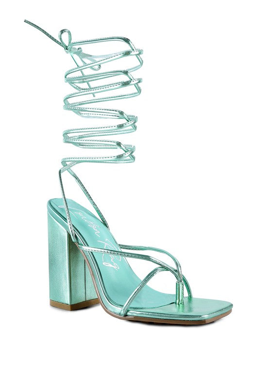 SheWolf Lace-Up High Heel Block Sandals Mint