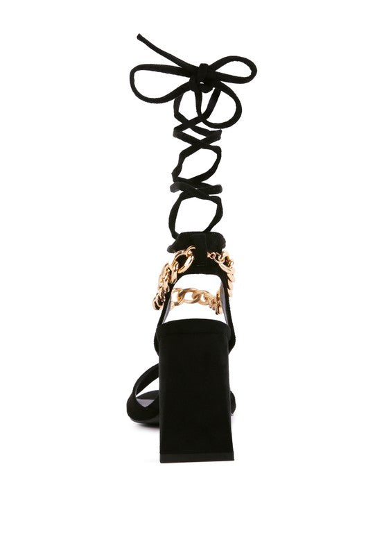 Rag & Co. Gone Gurl Metal Chain Lace Up Block Heel Sandals Black 6.5