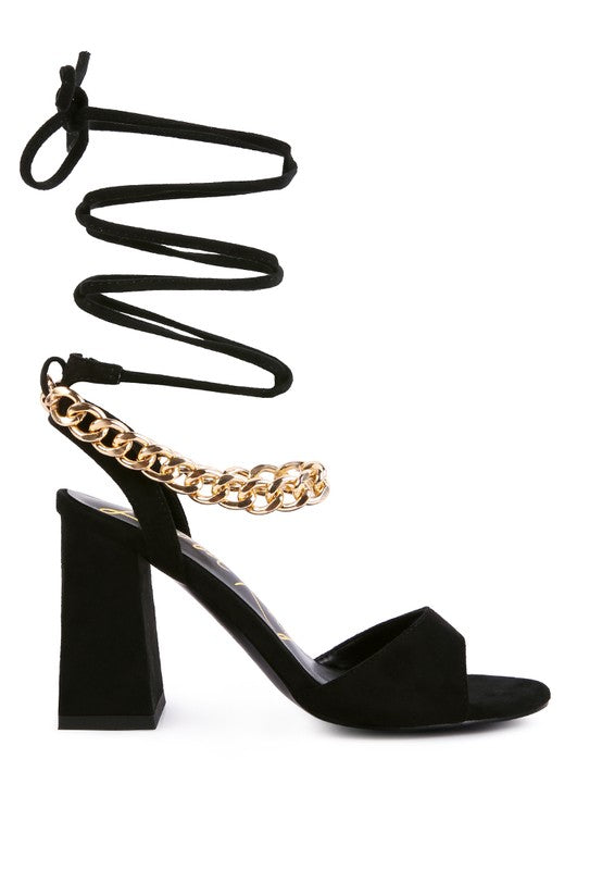 Rag & Co. Gone Gurl Metal Chain Lace Up Block Heel Sandals Black 8