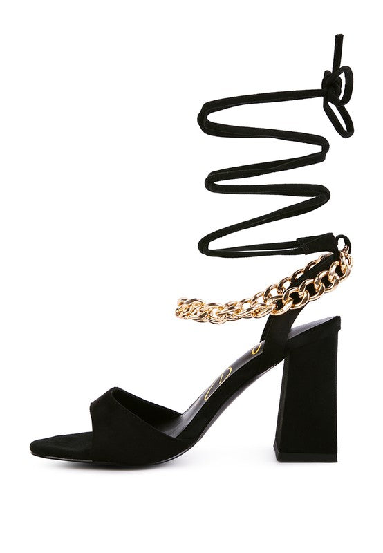 Rag & Co. Gone Gurl Metal Chain Lace Up Block Heel Sandals Black 8.5