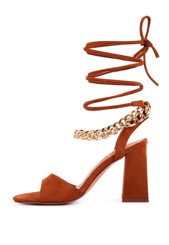 Rag & Co. Gone Gurl Metal Chain Lace Up Block Heel Sandals Mocha 6.5