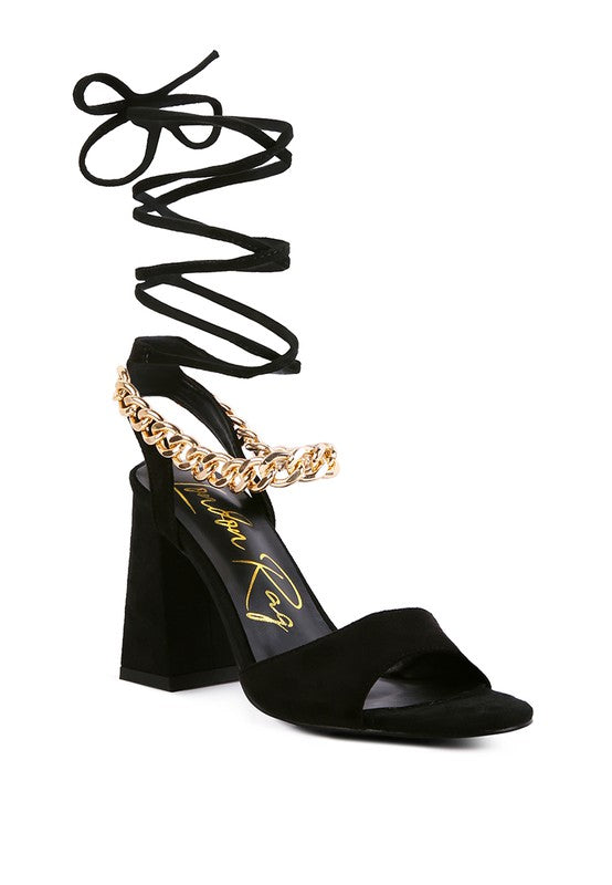Rag & Co. Gone Gurl Metal Chain Lace Up Block Heel Sandals Black 6