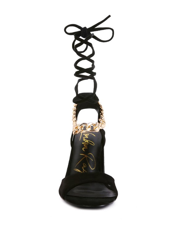 Rag & Co. Gone Gurl Metal Chain Lace Up Block Heel Sandals Black 9