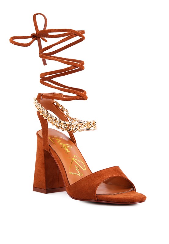 Rag & Co. Gone Gurl Metal Chain Lace Up Block Heel Sandals Mocha