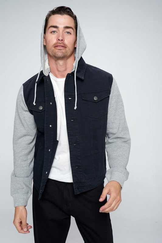 The All-Rounder: Men’s Hybrid Denim Jacket with Contrast Fleece Hoodie & Sleeves